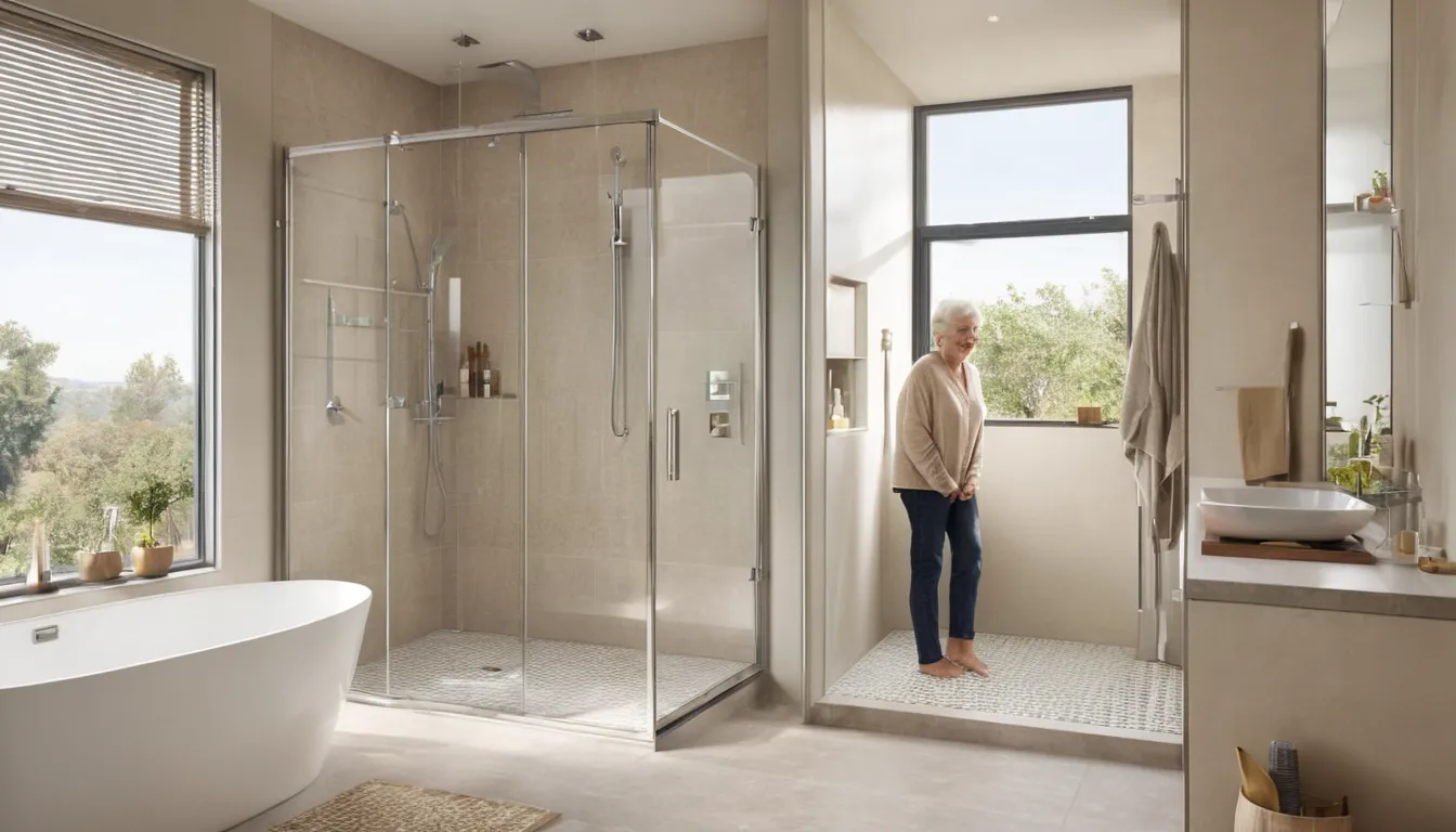 Accessible walk-in shower with a glass panel and grab bar in a home bathroom in Norwalk