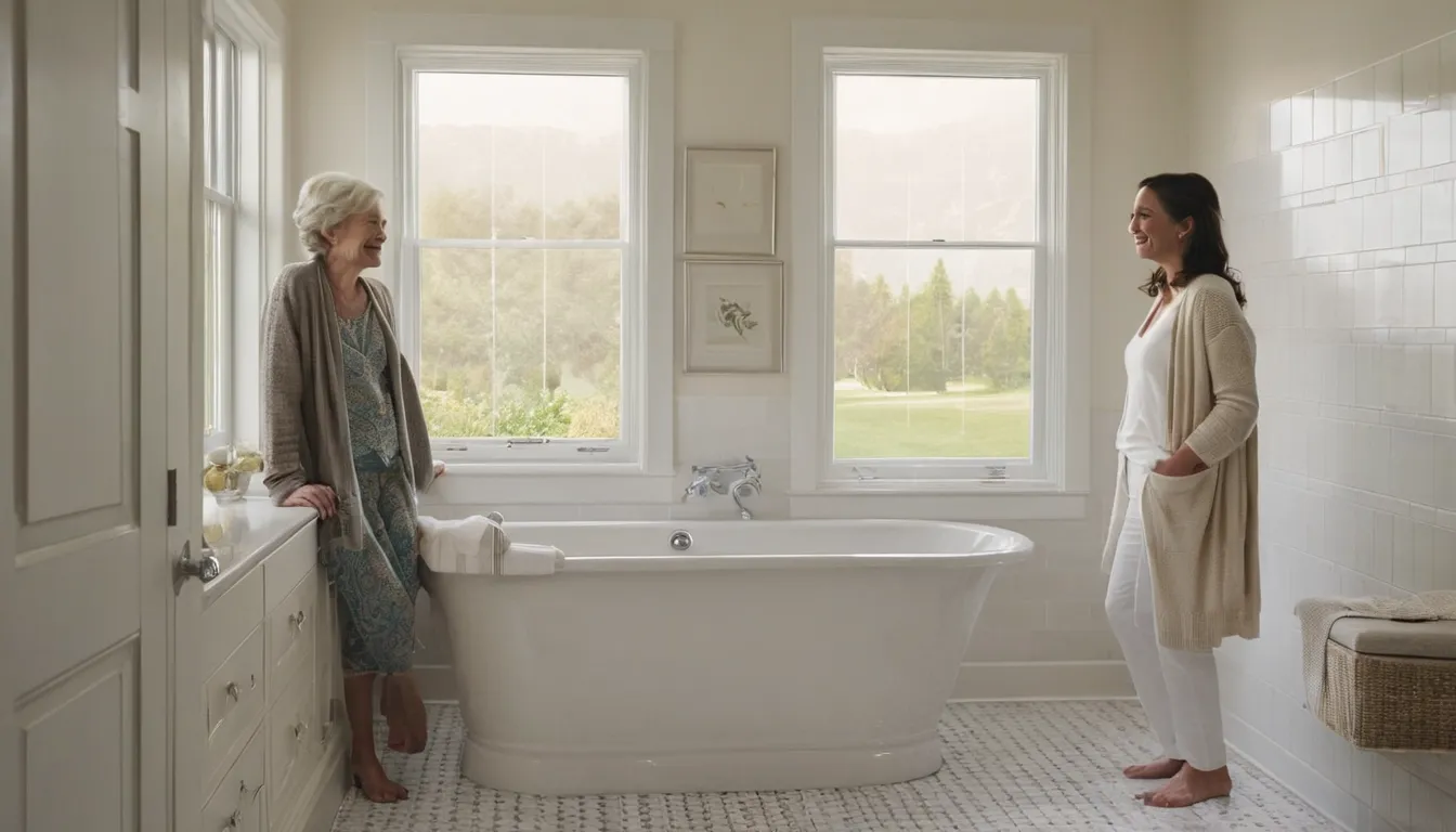 A bright, comfortable bathroom in a Norwalk home with a walk-in tub, a low door, and grab bars